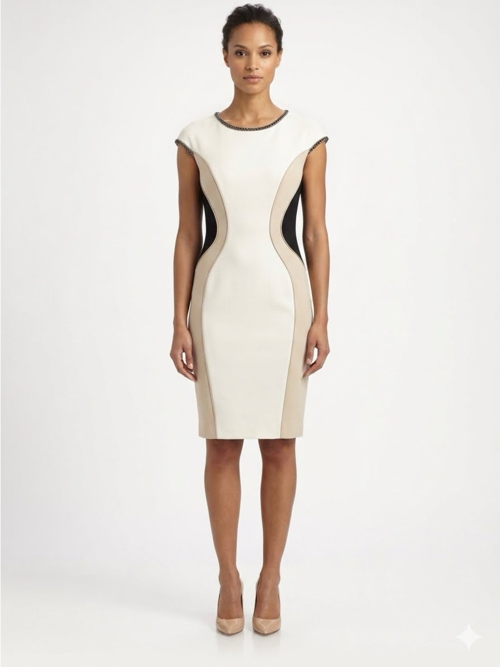 Ann Taylor Cream, Beige and Black Colorblock Midi Sheath Dress Size 6